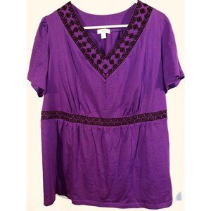 Ellos Purple V-Neck Short Sleeve Blouse With Embroidered Trim